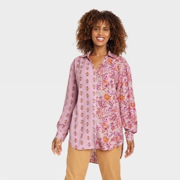 Knox Rose Tops - Knox Rose Pink Floral High Low Button Up Top, Size XL
